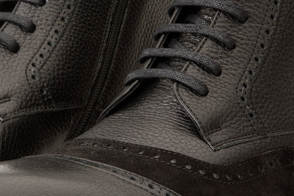 The Anderson Black Leather Suede Brogue Lace-Up  Boot with a Zipper - Vinci Leather