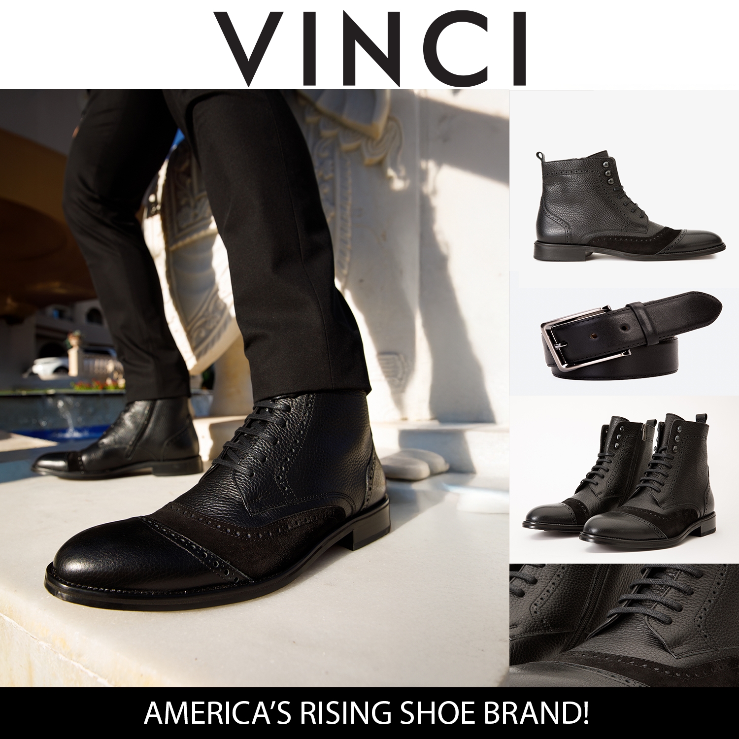 The Anderson Black Leather Suede Brogue Lace-Up  Boot with a Zipper - Vinci Leather