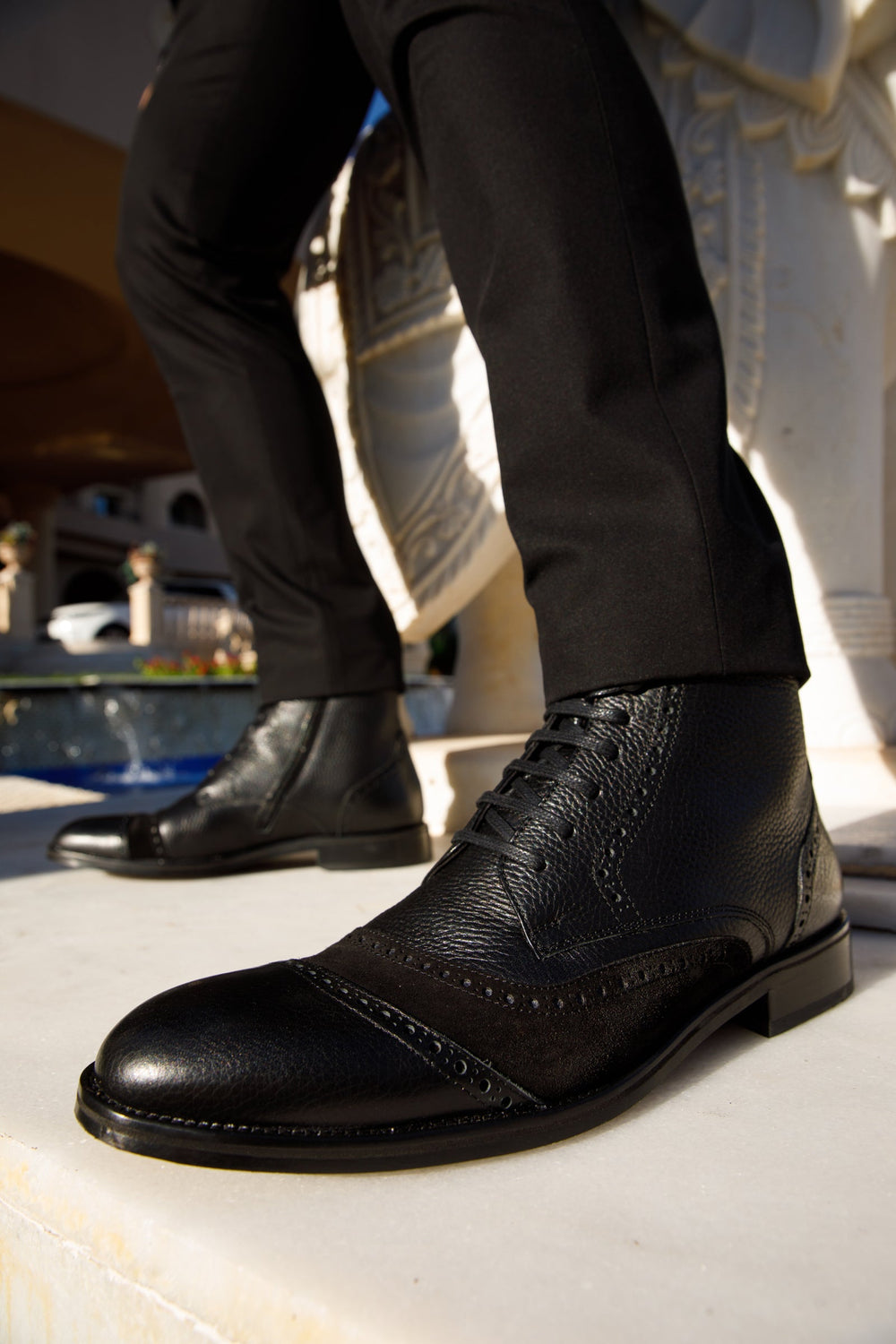 The Anderson Black Leather Suede Brogue Lace-Up  Boot with a Zipper - Vinci Leather