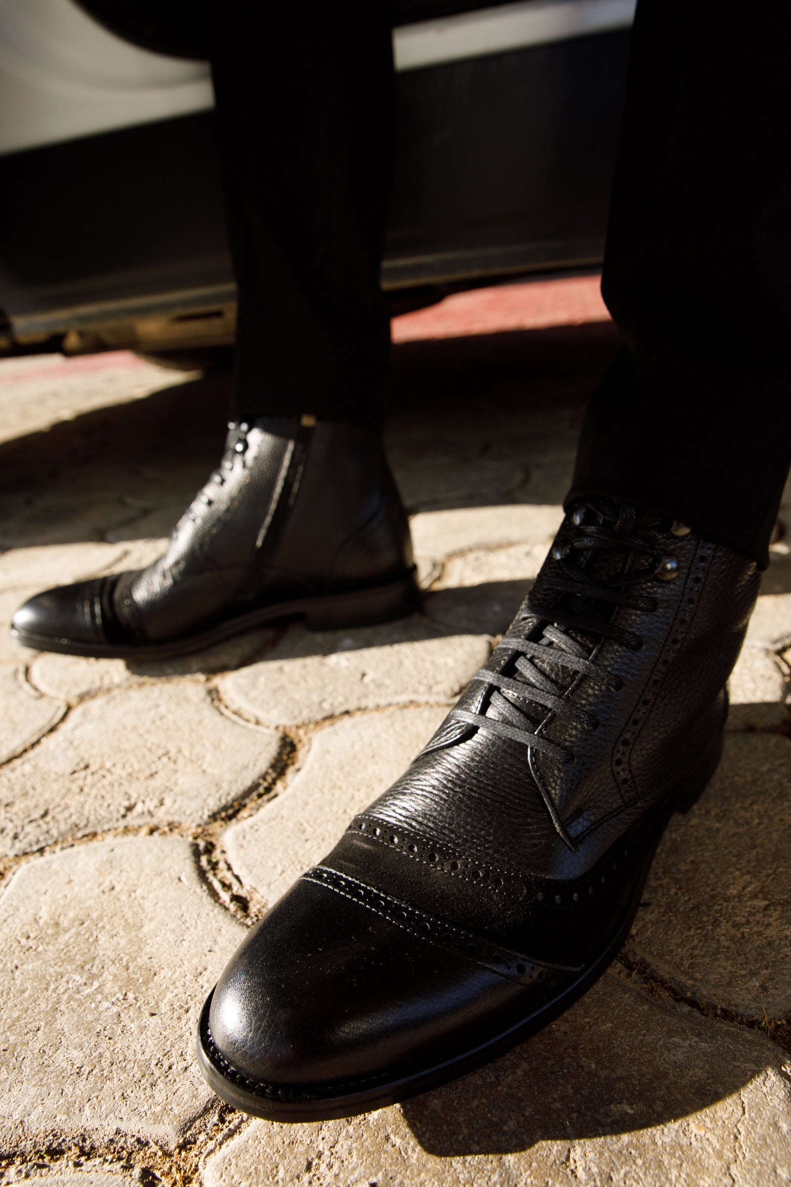 The Anderson Black Leather Suede Brogue Lace-Up  Boot with a Zipper - Vinci Leather