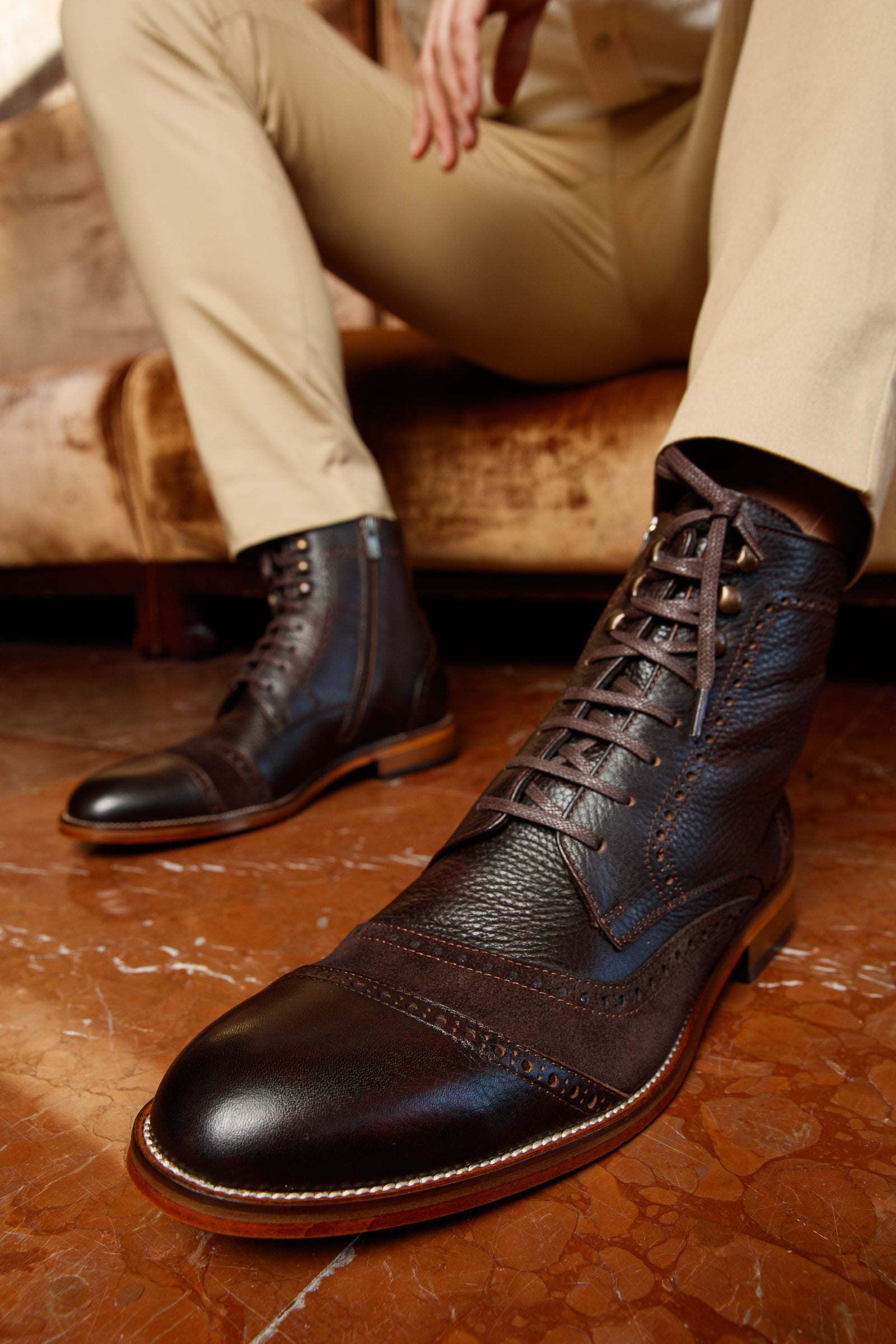 The Anderson Brown Leather Suede Brogue Lace-Up Boot with a Zipper - Vinci Leather