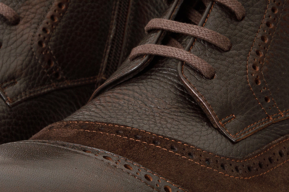 The Anderson Brown Leather Suede Brogue Lace-Up Boot with a Zipper - Vinci Leather
