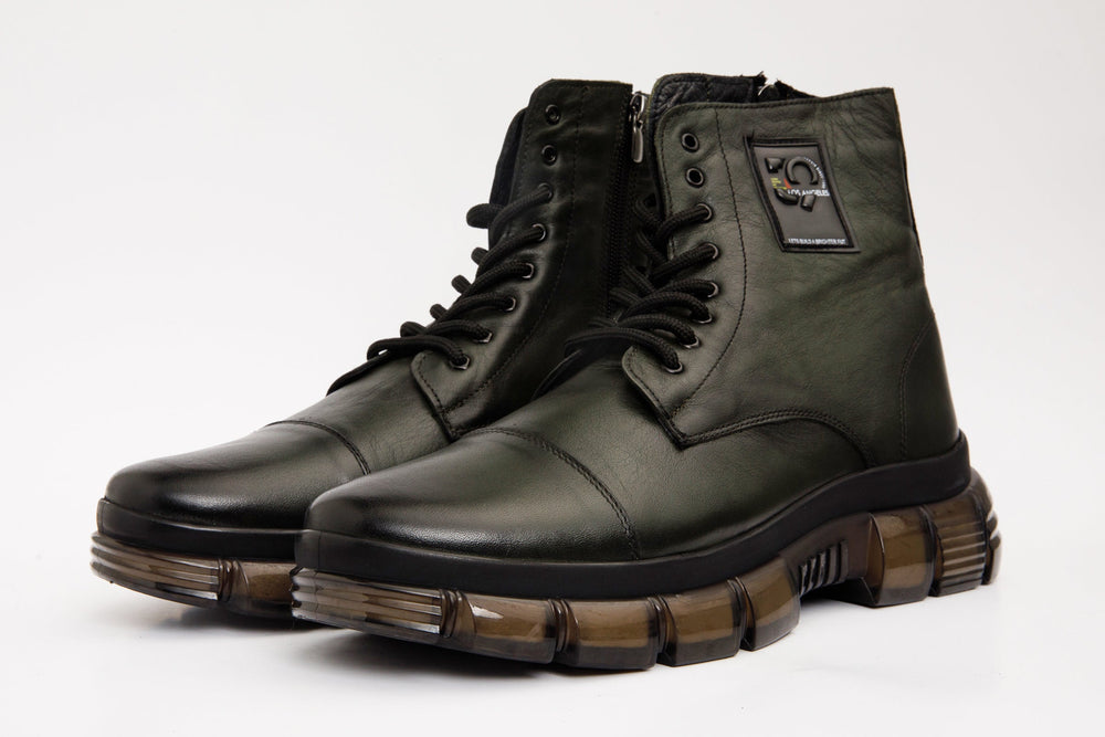The Ottova Green Leather Lace-Up Sneaker Boot with a Zipper - Vinci Leather