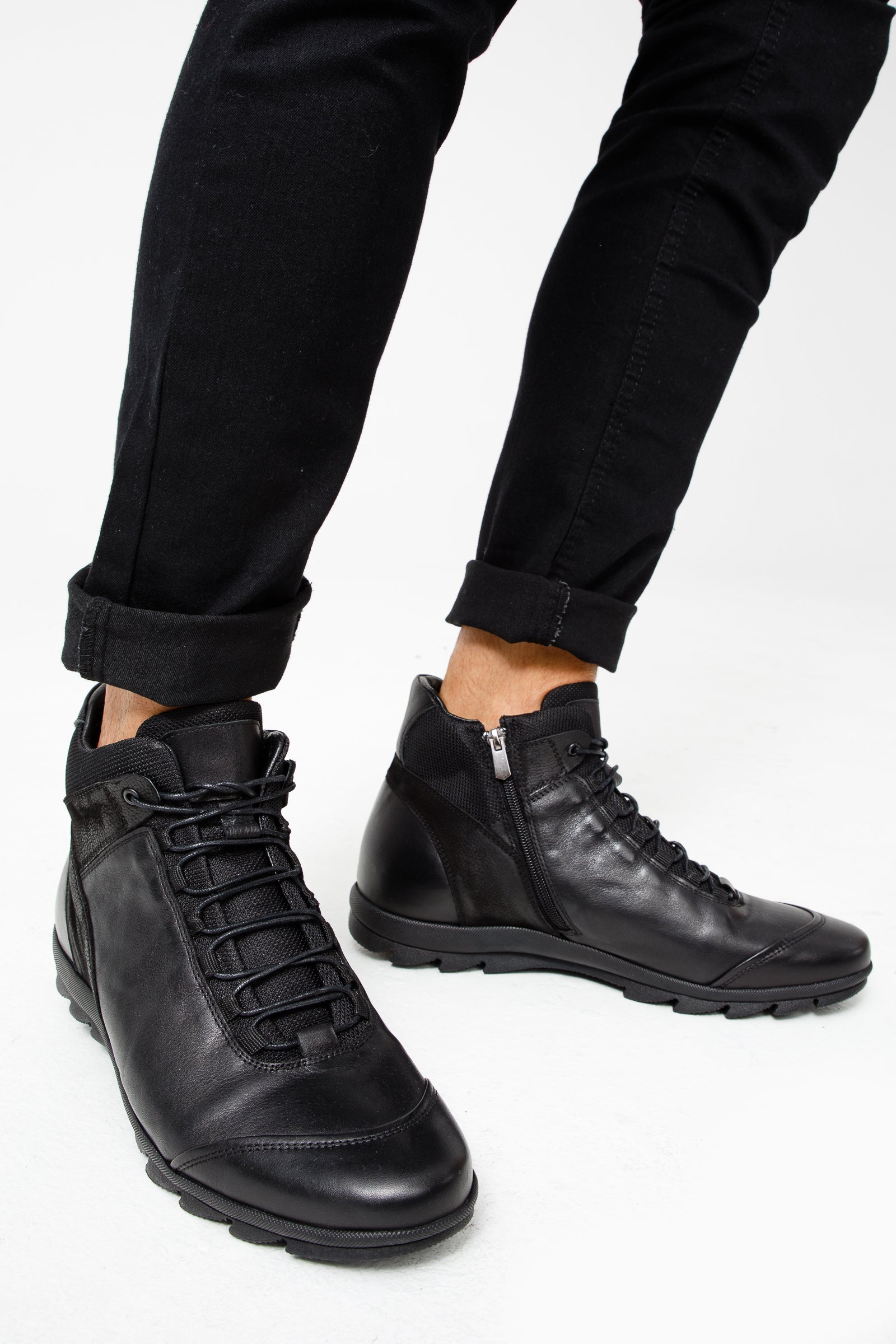 The Houston Leather Black Lace-Up Casual Boot with a Zipper - Vinci Leather