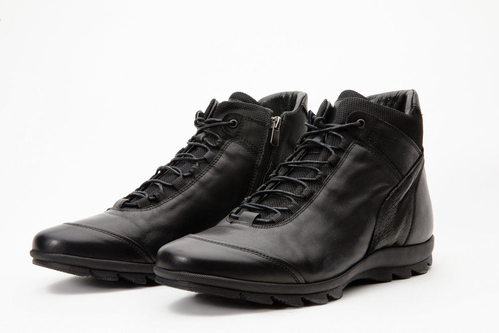 The Houston Leather Black Lace-Up Casual Boot with a Zipper - Vinci Leather