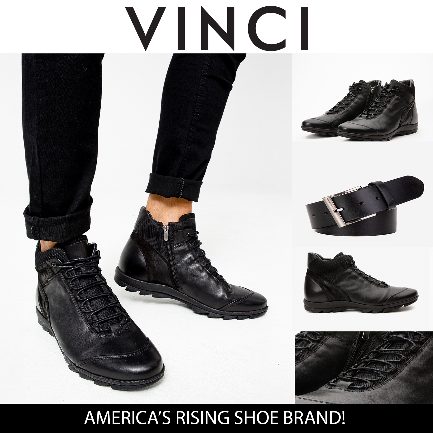 The Houston Leather Black Lace-Up Casual Boot with a Zipper - Vinci Leather