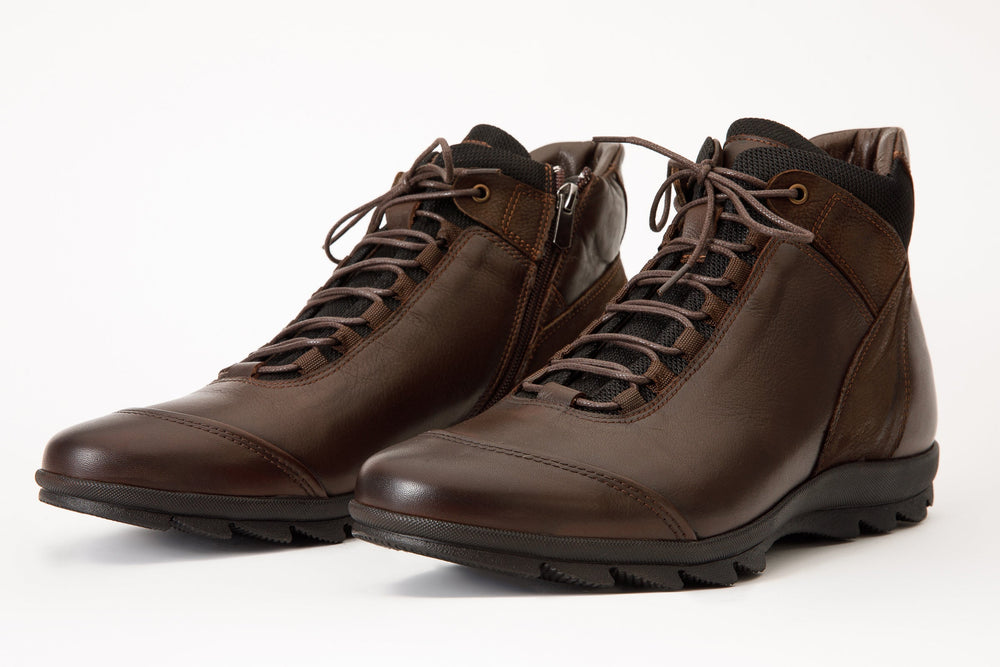 The Houston Leather Brown Lace-Up Casual Boot with a Zipper - Vinci Leather