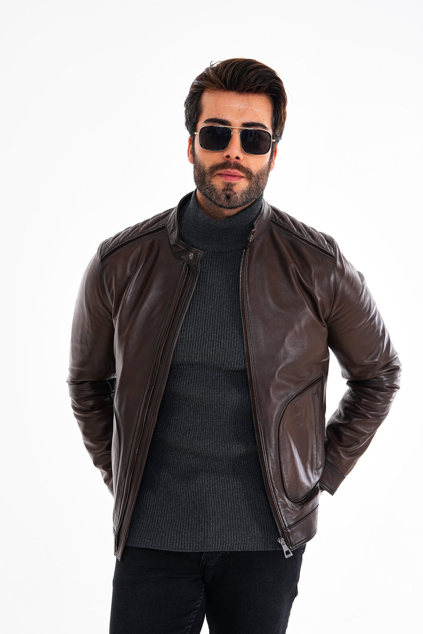 The Brescia Brown Leather Racer Jacket - Vinci Leather