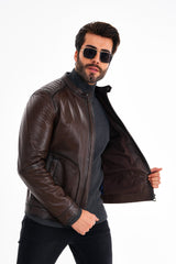 The Brescia Brown Leather Racer Jacket - Vinci Leather