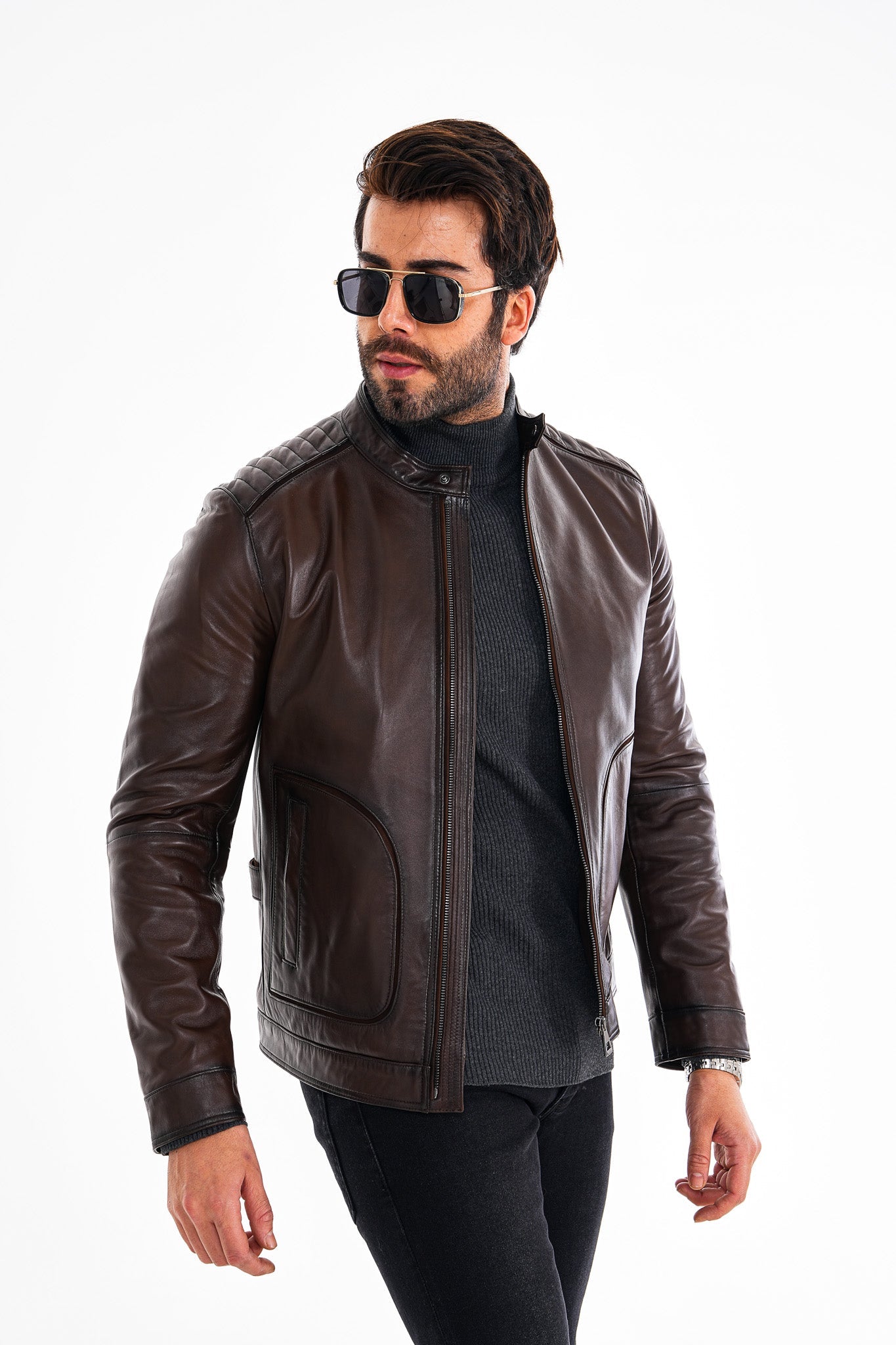The Brescia Brown Leather Racer Jacket - Vinci Leather