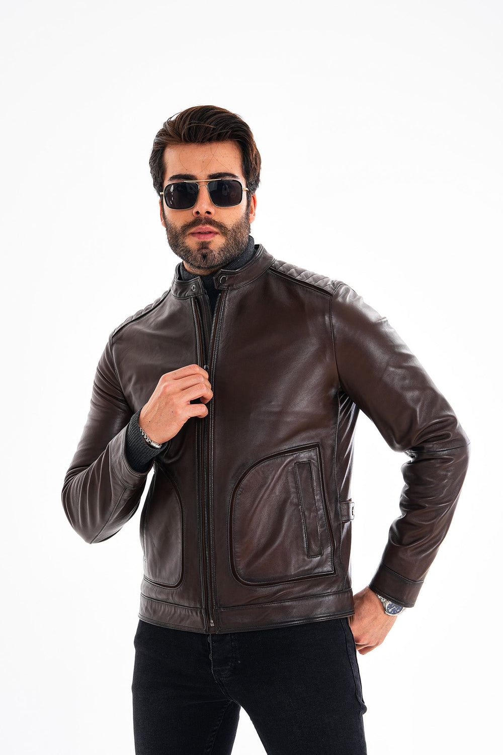 The Brescia Brown Leather Racer Jacket - Vinci Leather