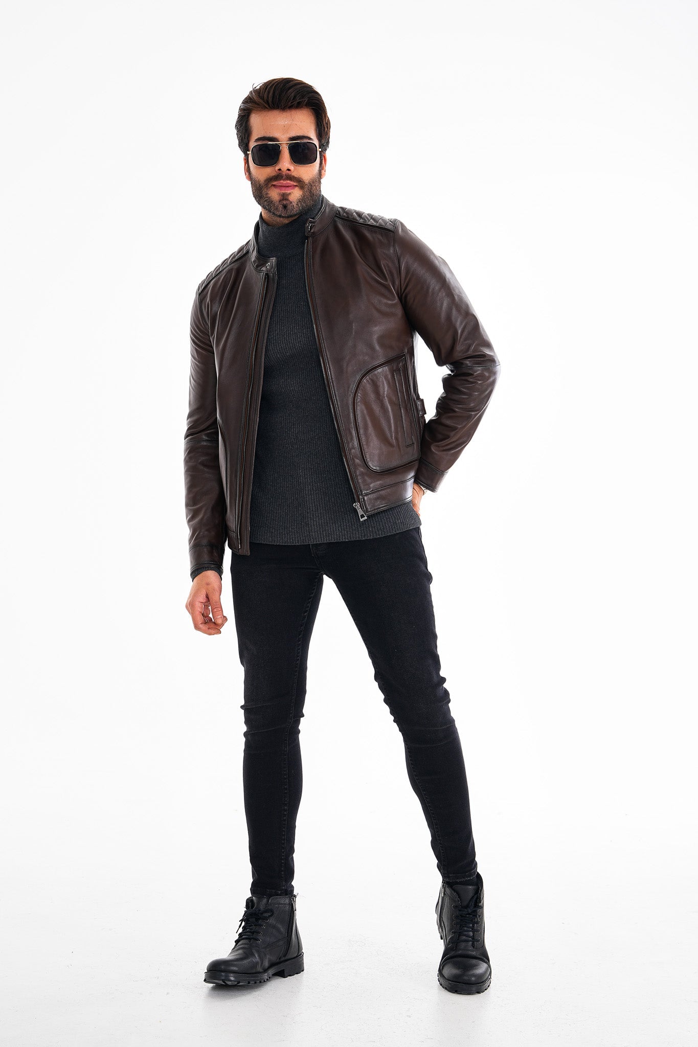 The Brescia Brown Leather Racer Jacket - Vinci Leather