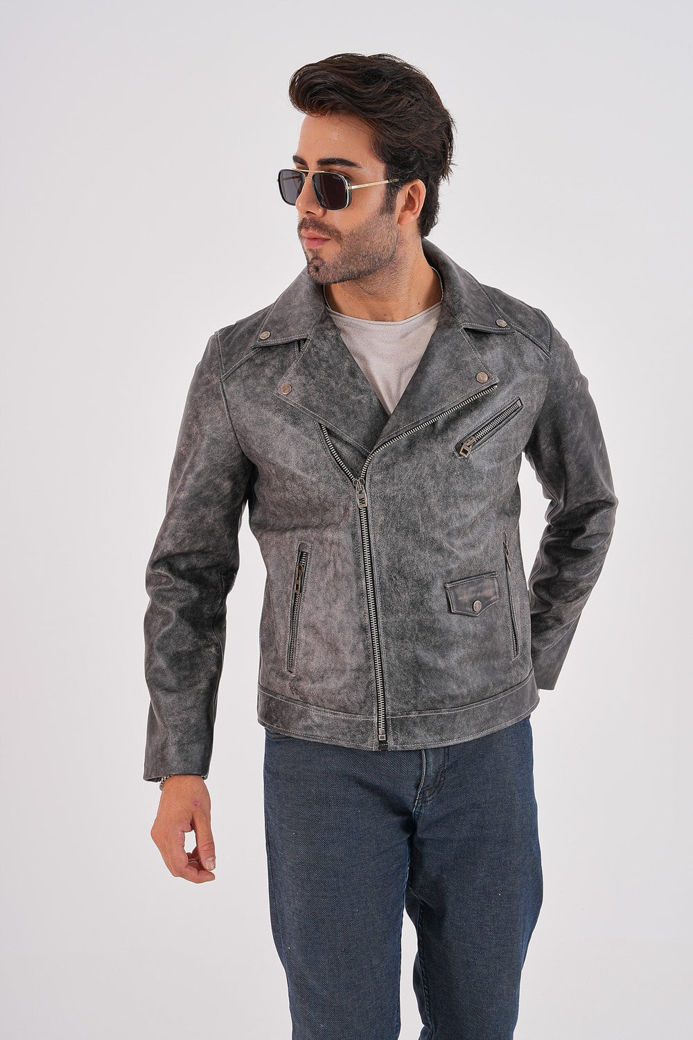 The Volt Textured Distressed Grey Leather Jacket - Vinci Leather