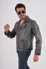 The Volt Textured Distressed Grey Leather Jacket - Vinci Leather