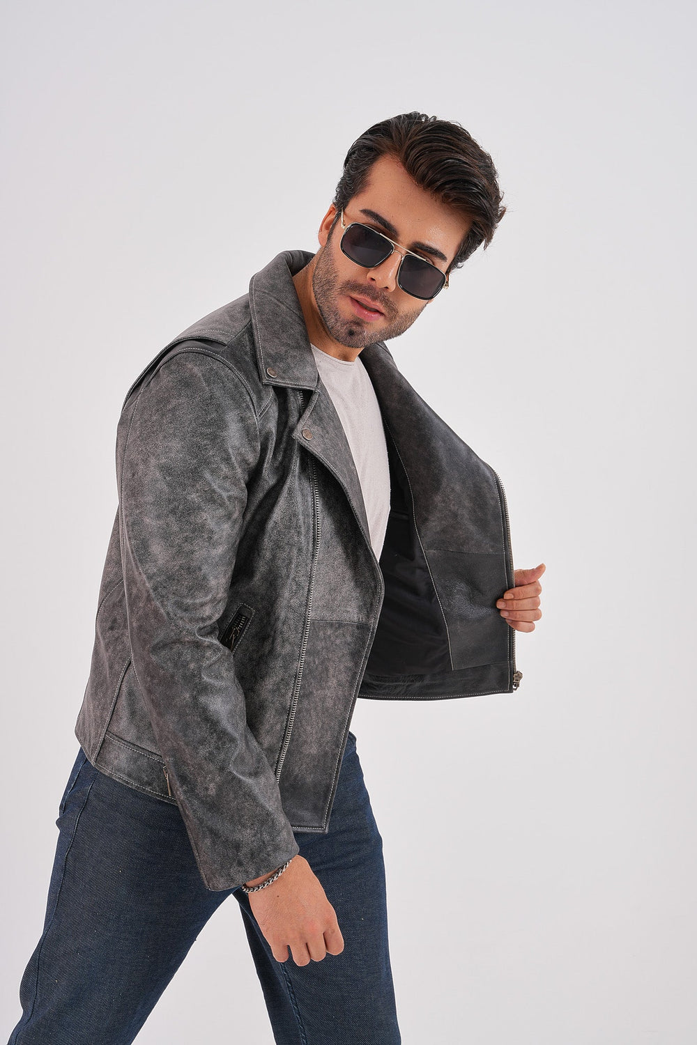 The Volt Textured Distressed Grey Leather Jacket - Vinci Leather