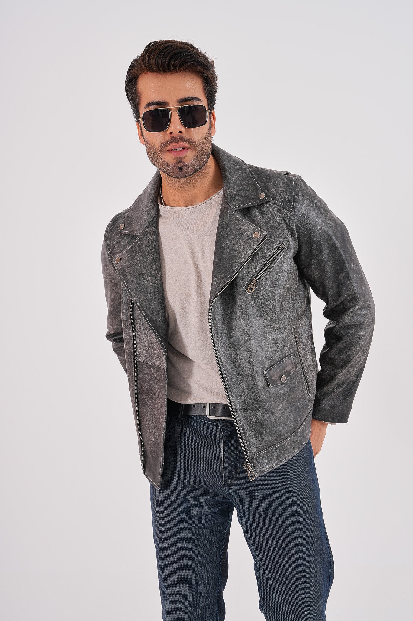 The Volt Textured Distressed Grey Leather Jacket - Vinci Leather