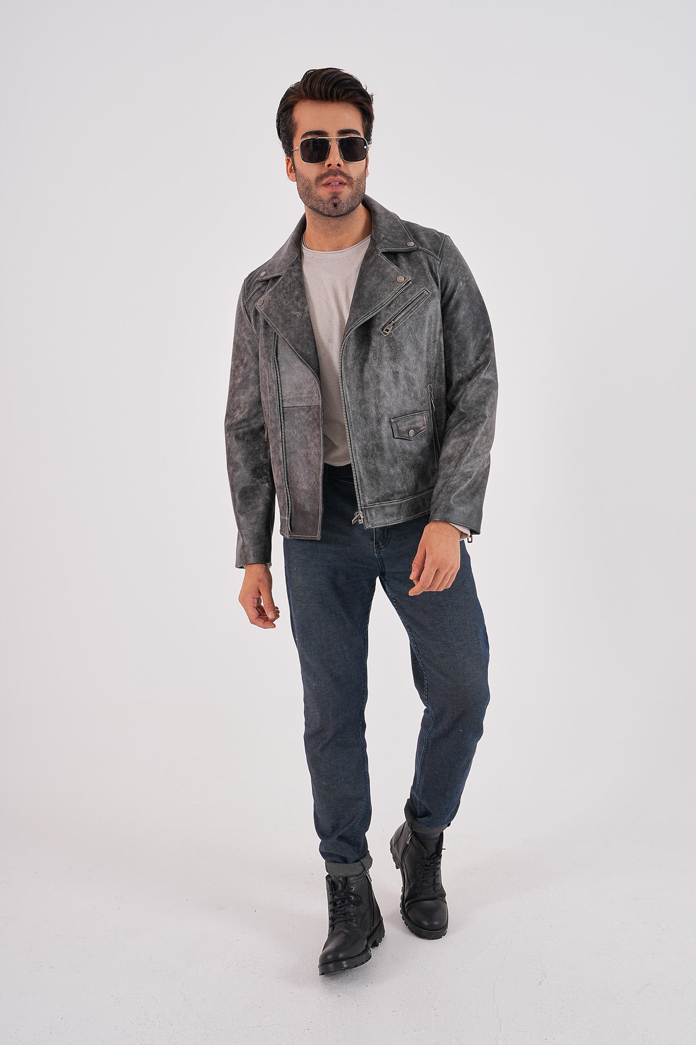 The Volt Textured Distressed Grey Leather Jacket - Vinci Leather