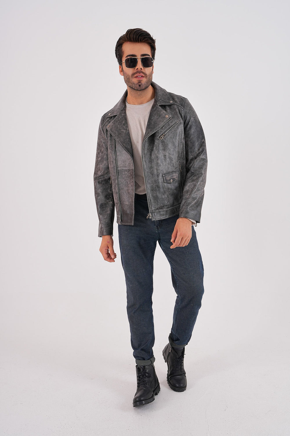 The Volt Textured Distressed Grey Leather Jacket - Vinci Leather