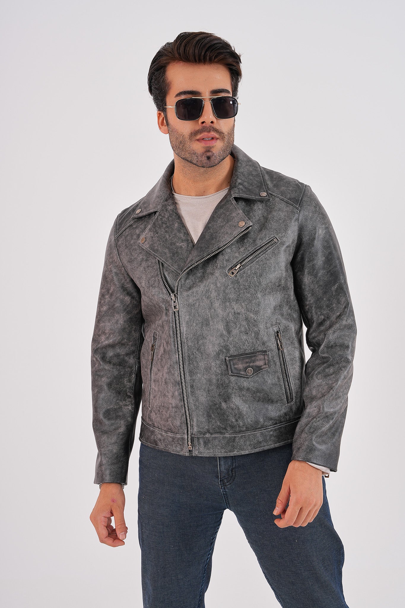 The Volt Textured Distressed Grey Leather Jacket - Vinci Leather