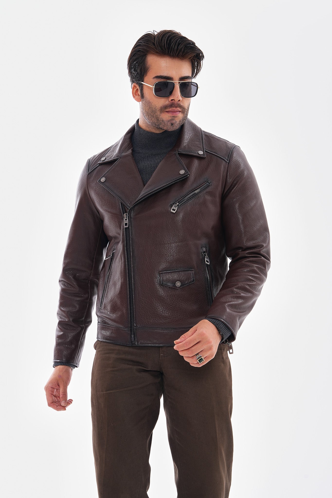 The Volt Textured Mahogany Leather Jacket - Vinci Leather