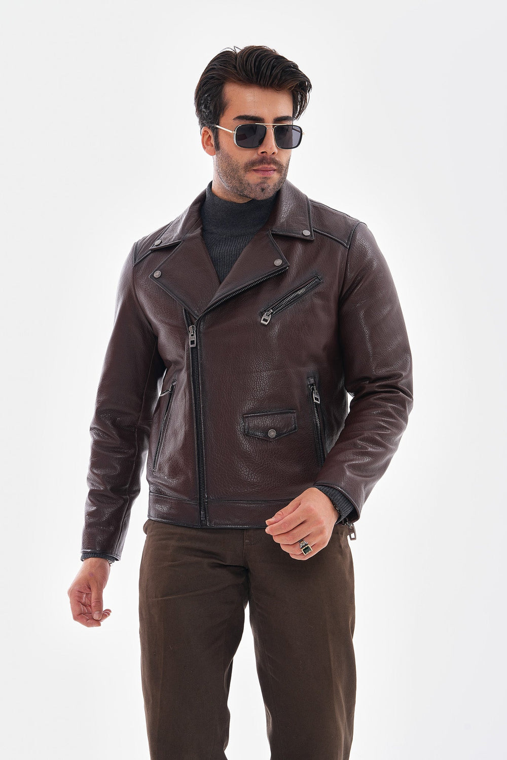 The Volt Textured Mahogany Leather Jacket - Vinci Leather
