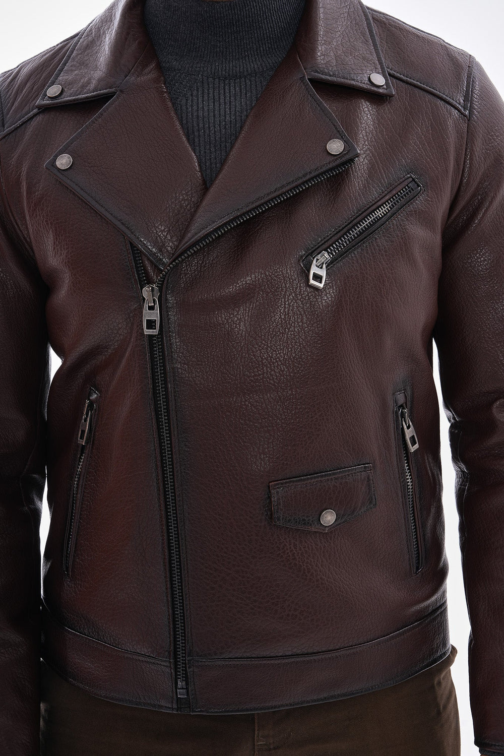 The Volt Textured Mahogany Leather Jacket - Vinci Leather