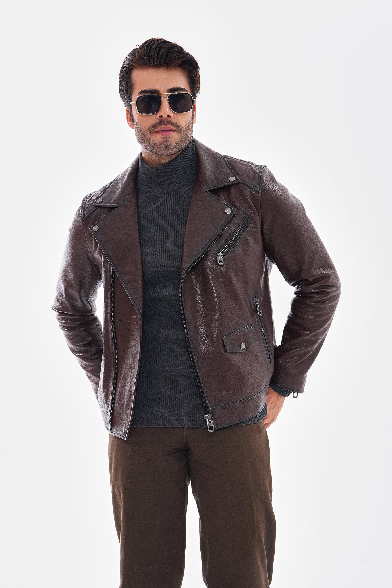 The Volt Textured Mahogany Leather Jacket - Vinci Leather