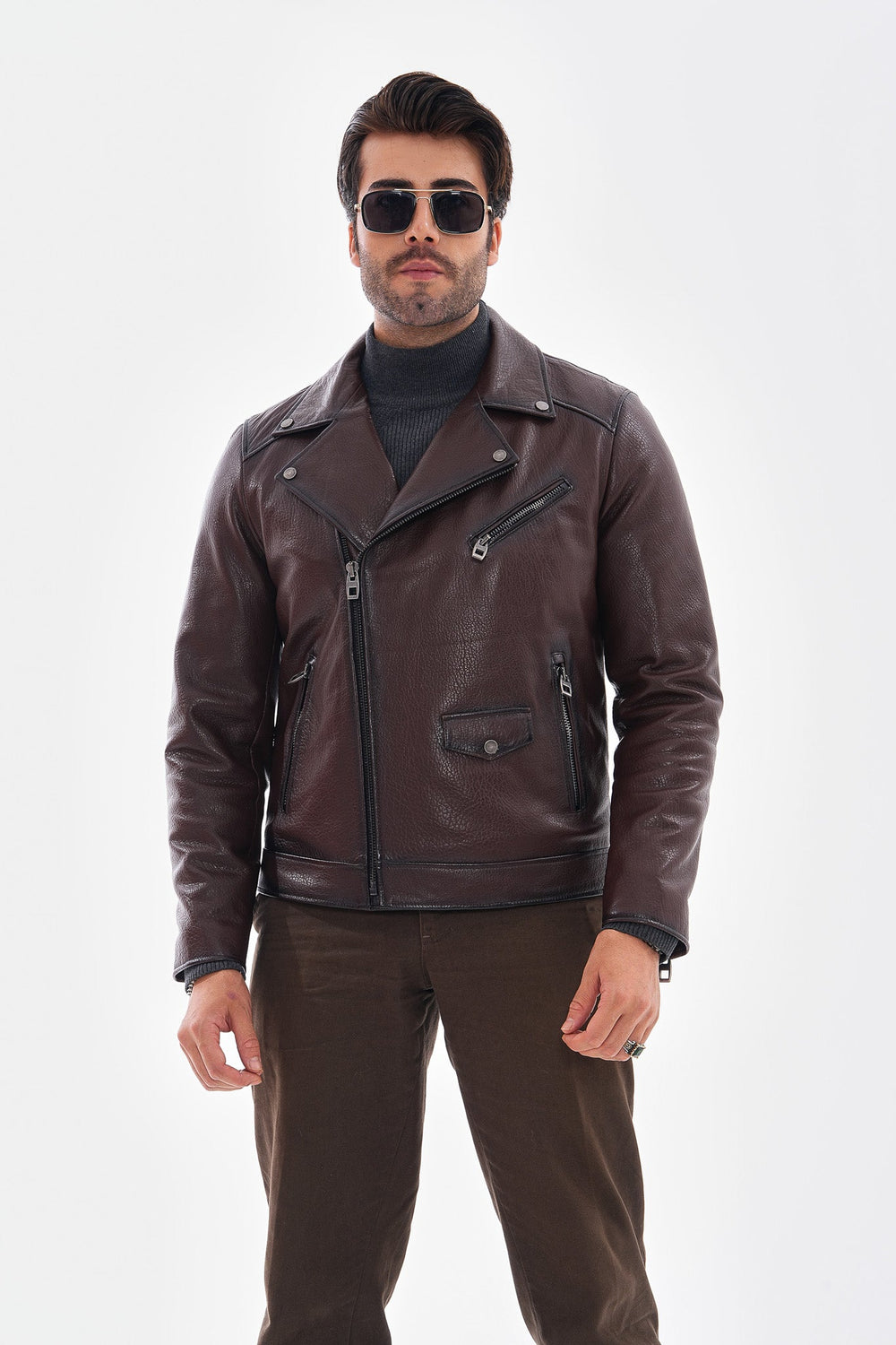 The Volt Textured Mahogany Leather Jacket - Vinci Leather