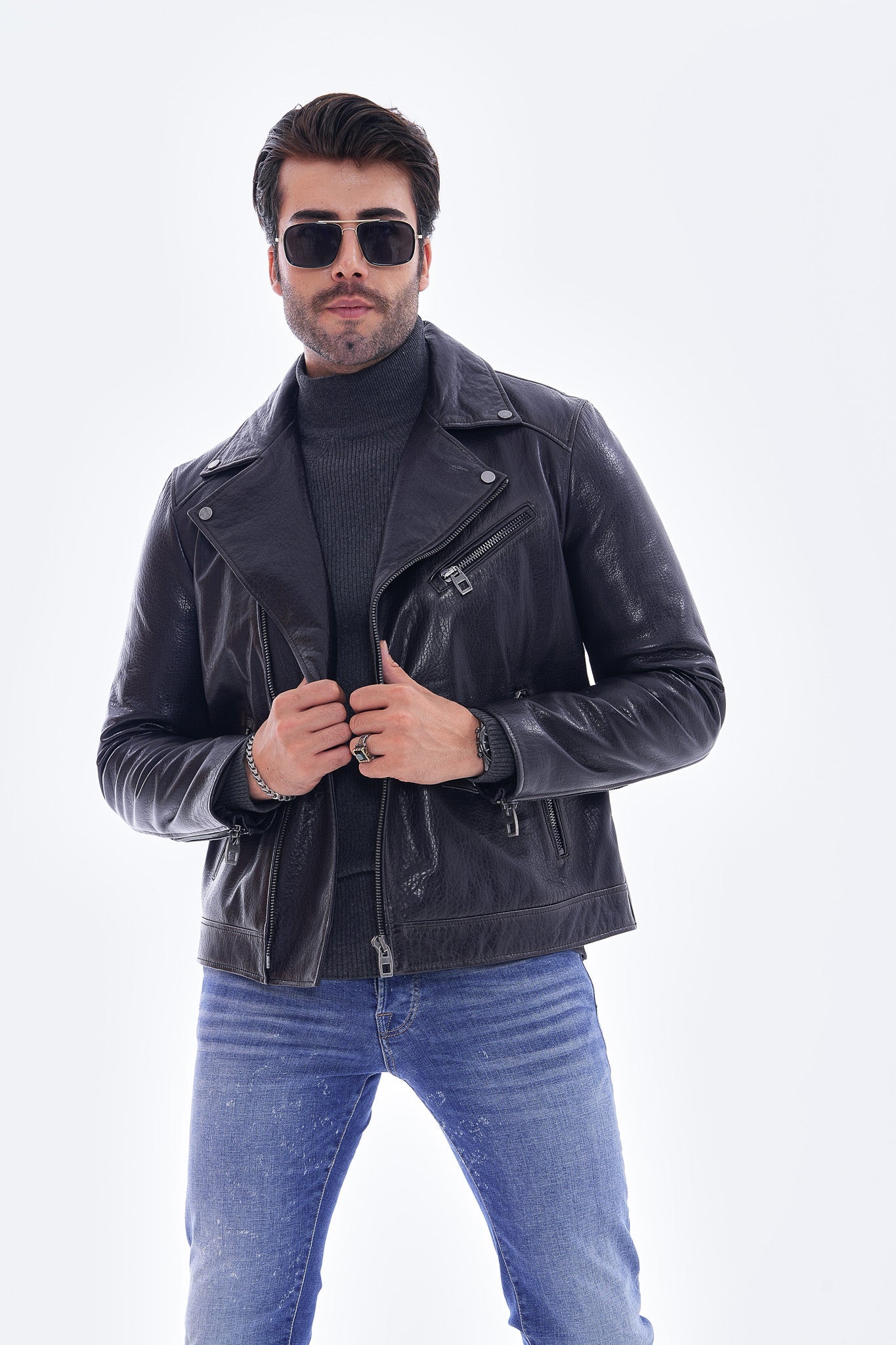 The Volt Textured Navy Blue Leather Jacket - Vinci Leather