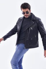 The Volt Textured Navy Blue Leather Jacket - Vinci Leather