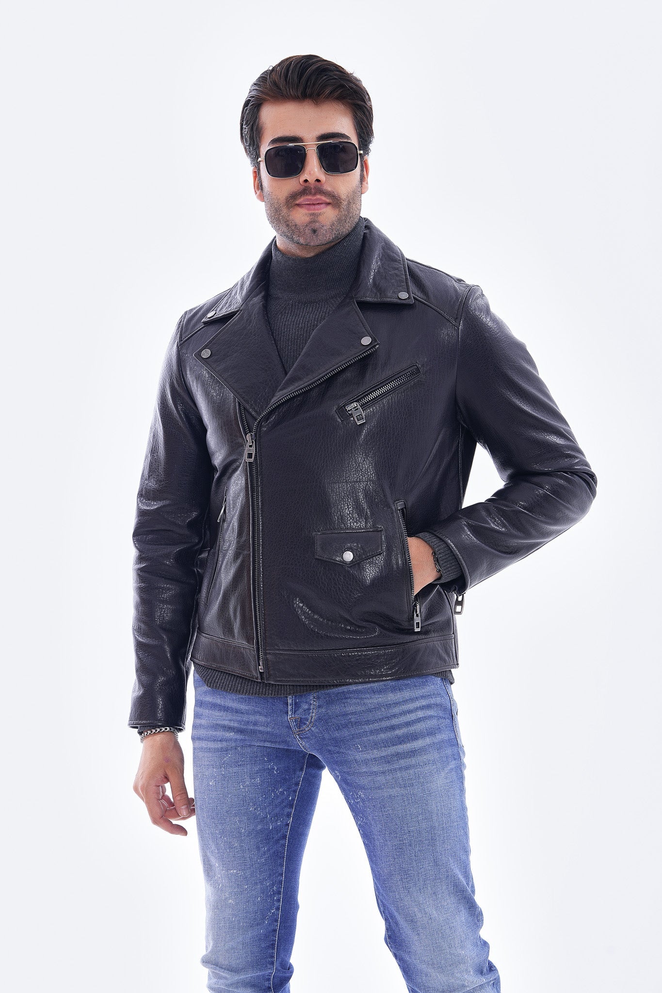 The Volt Textured Navy Blue Leather Jacket - Vinci Leather
