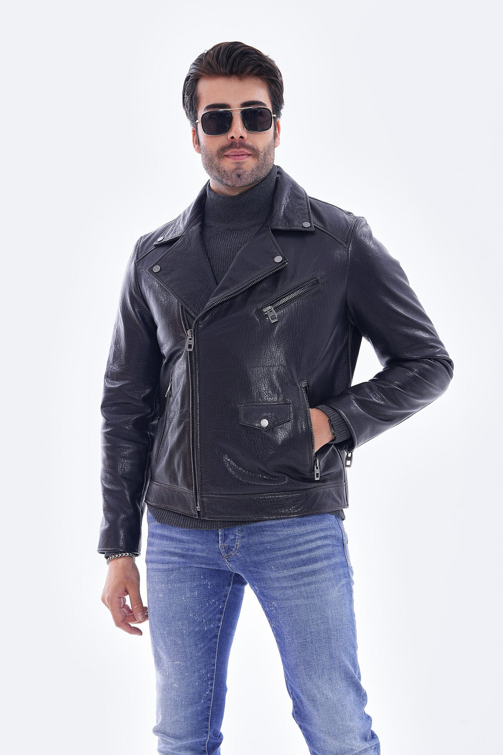 The Volt Textured Navy Blue Leather Jacket - Vinci Leather