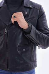 The Volt Textured Navy Blue Leather Jacket - Vinci Leather