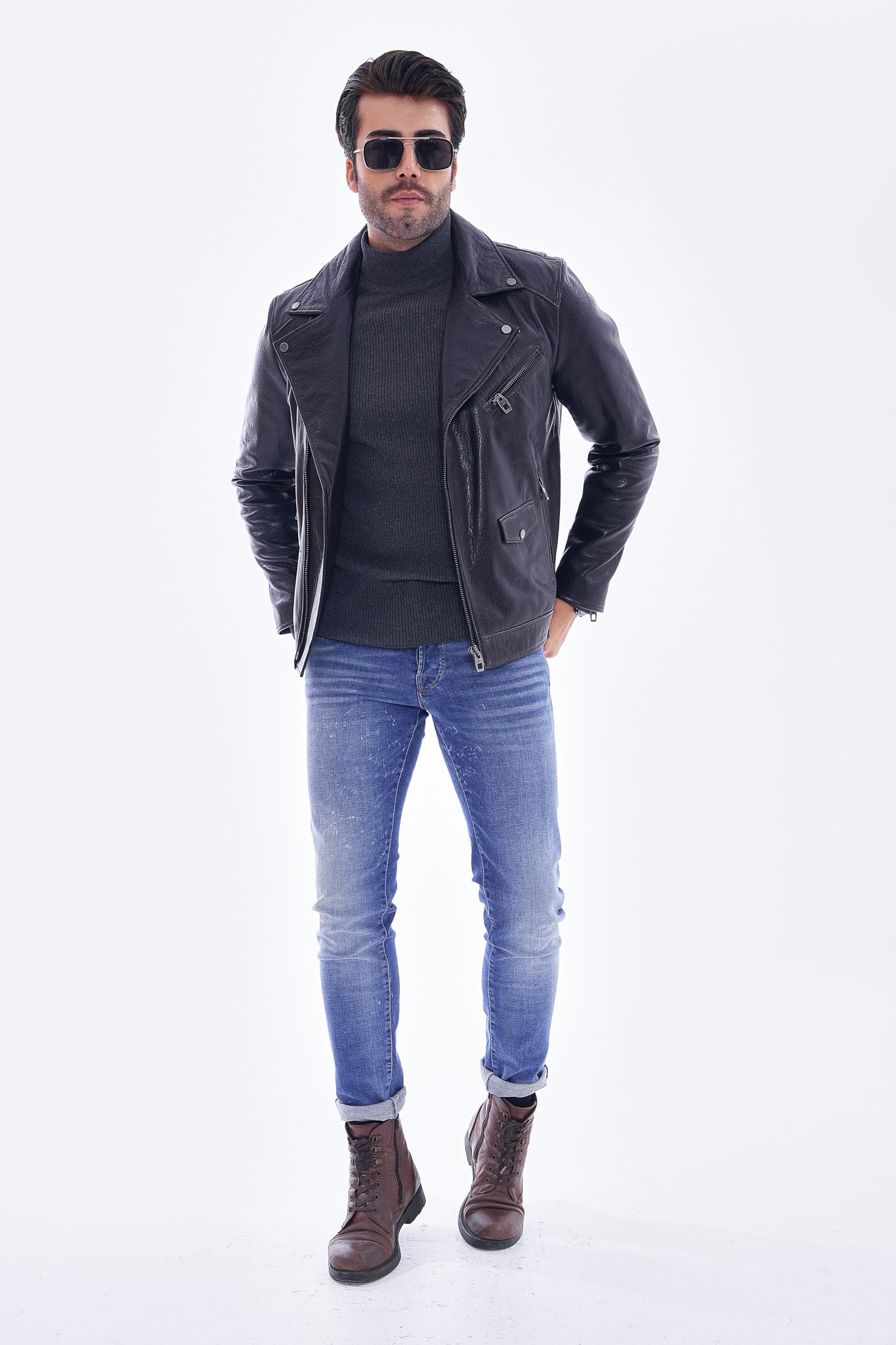 The Volt Textured Navy Blue Leather Jacket - Vinci Leather