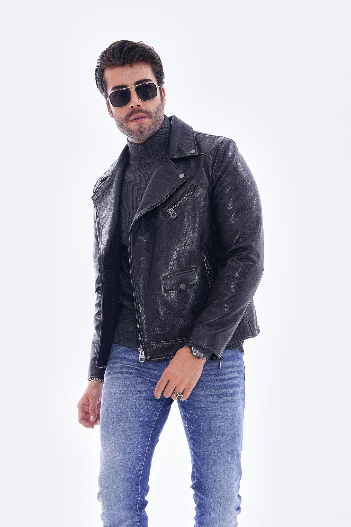 The Volt Textured Navy Blue Leather Jacket - Vinci Leather