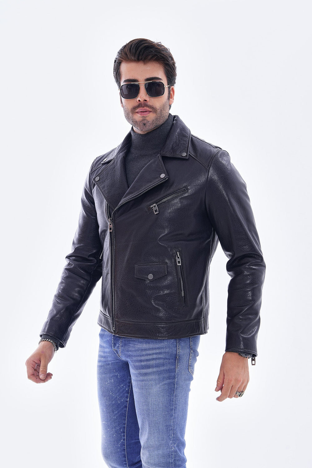 The Volt Textured Navy Blue Leather Jacket - Vinci Leather