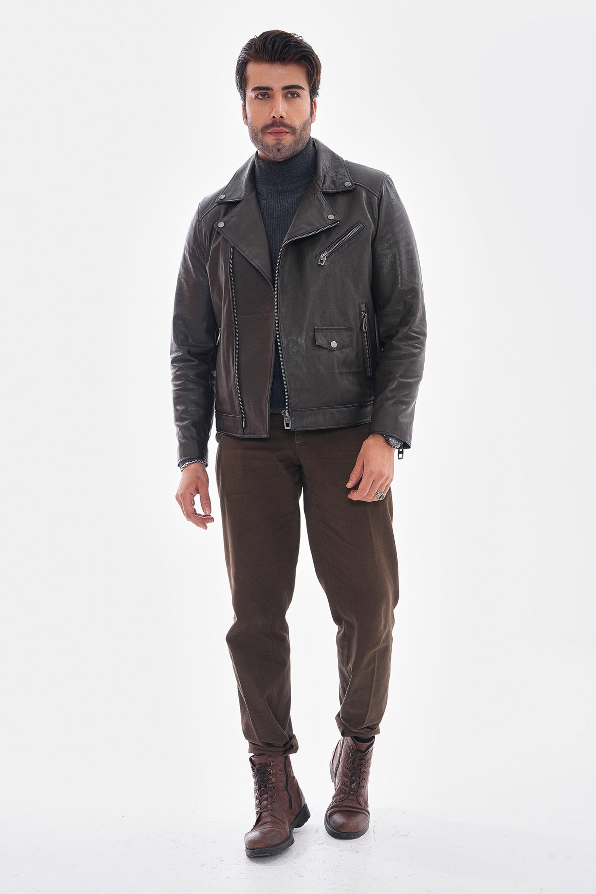 The Volt Textured Charcoal Leather Jacket - Vinci Leather