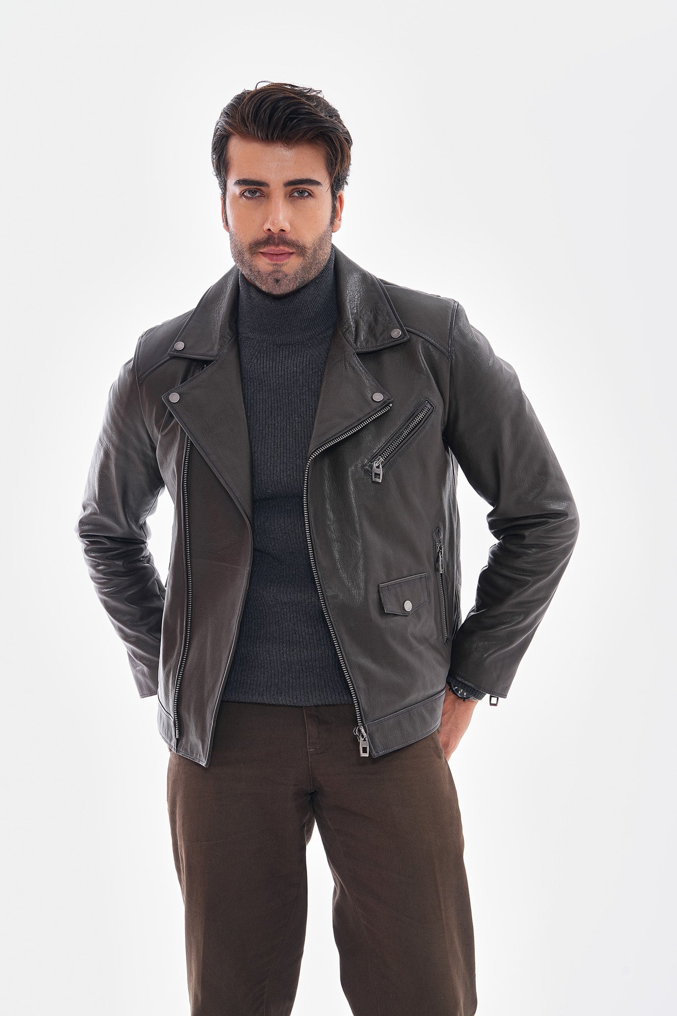 The Volt Textured Charcoal Leather Jacket - Vinci Leather