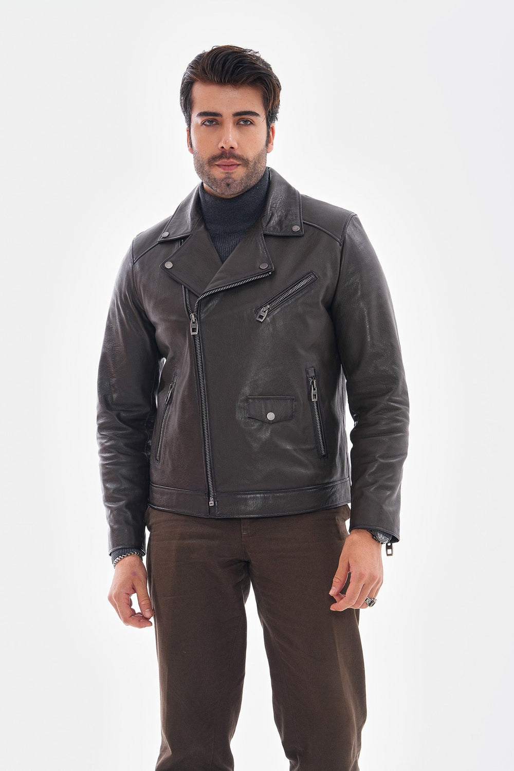 The Volt Textured Charcoal Leather Jacket - Vinci Leather