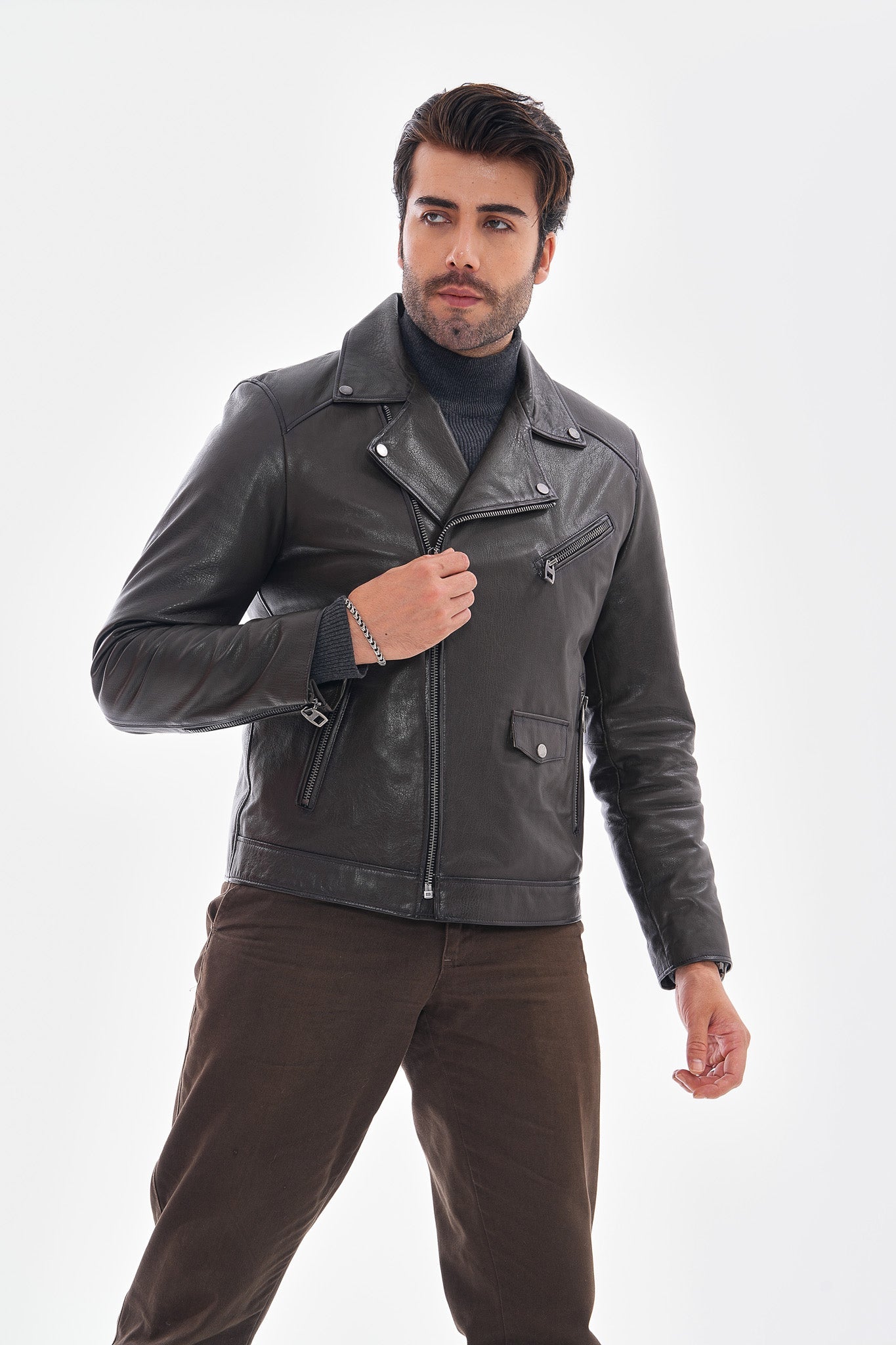 The Volt Textured Charcoal Leather Jacket - Vinci Leather