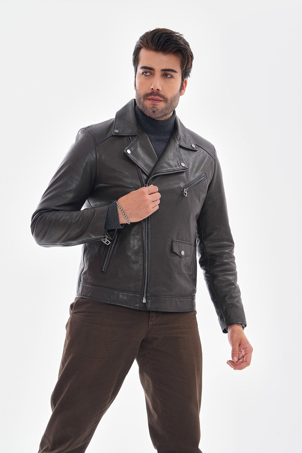 The Volt Textured Charcoal Leather Jacket - Vinci Leather