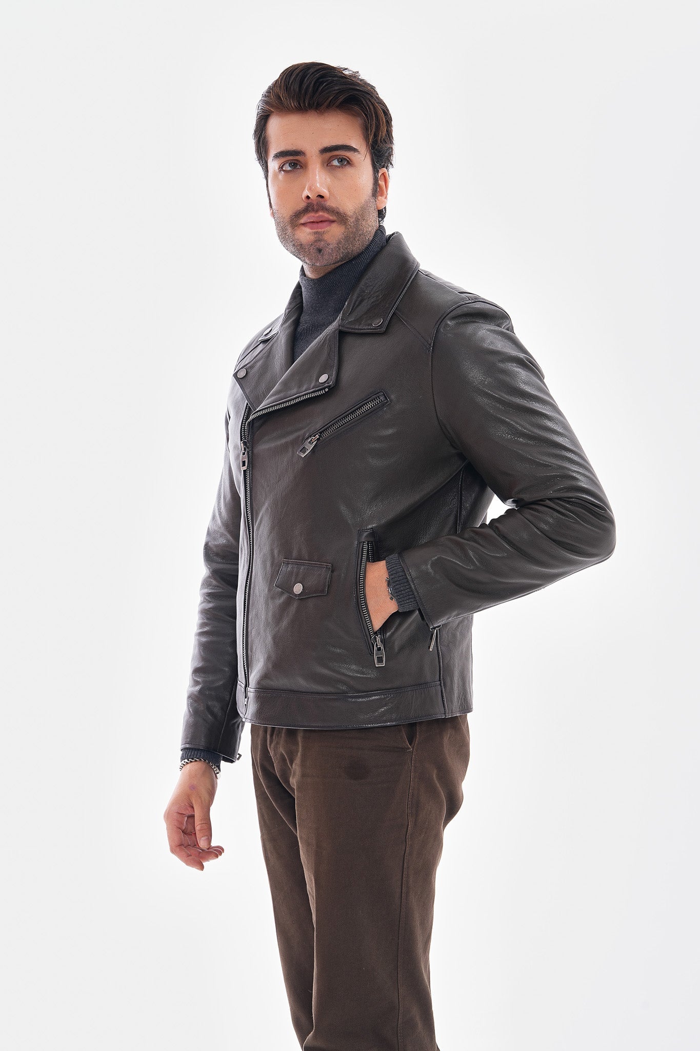 The Volt Textured Charcoal Leather Jacket - Vinci Leather