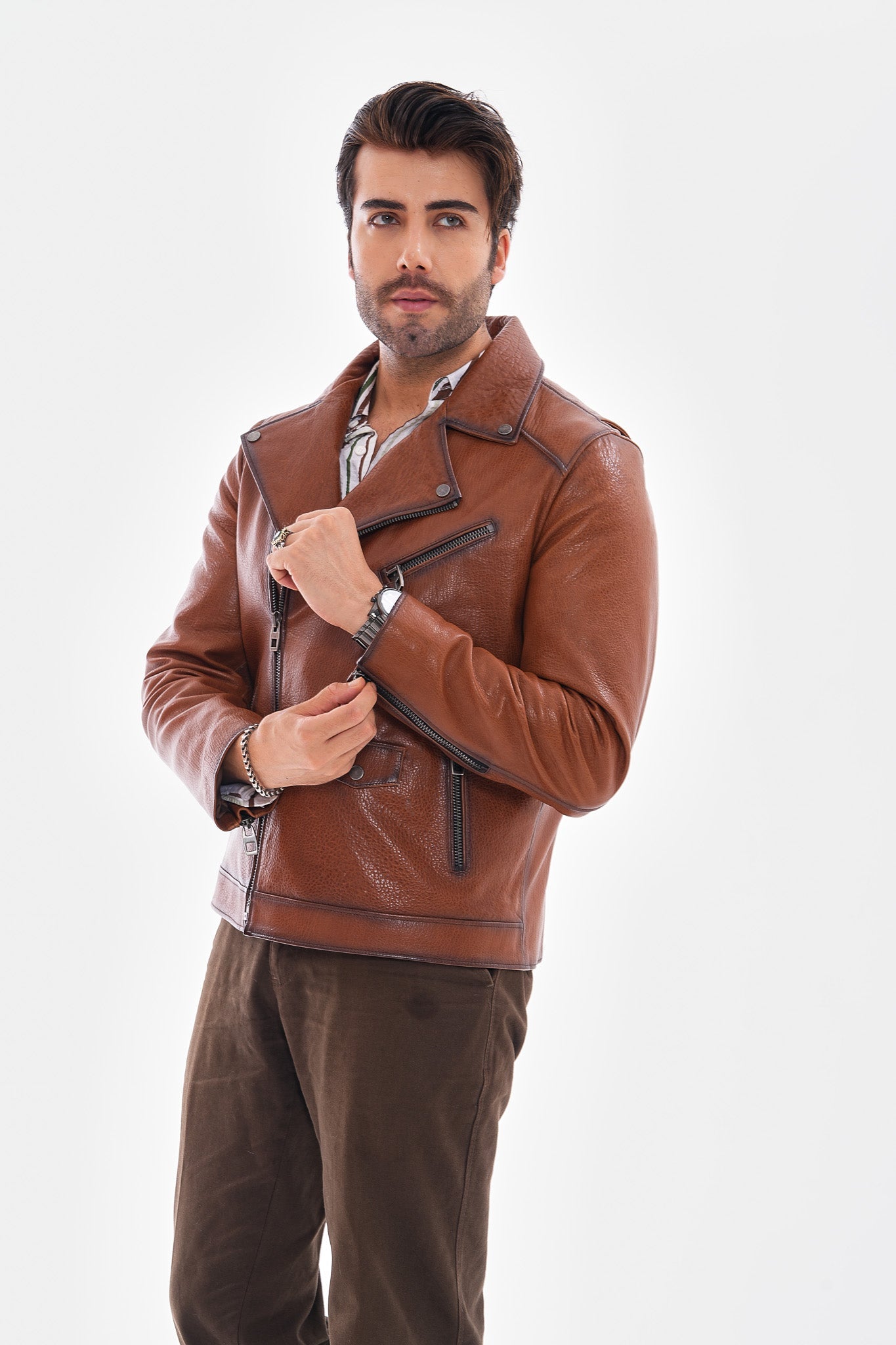 The Volt Textured Tan Leather Jacket - Vinci Leather