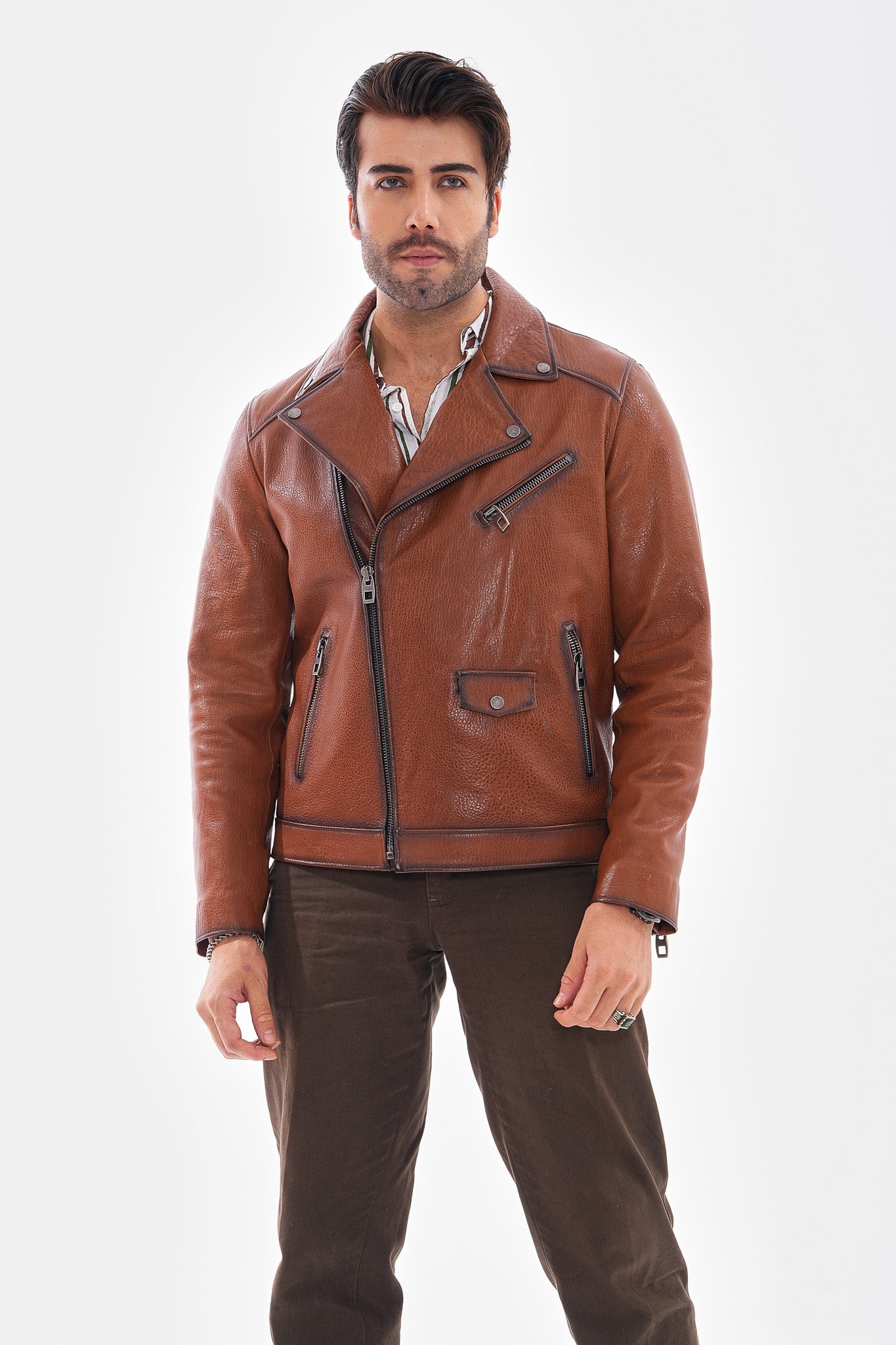 The Volt Textured Tan Leather Jacket - Vinci Leather