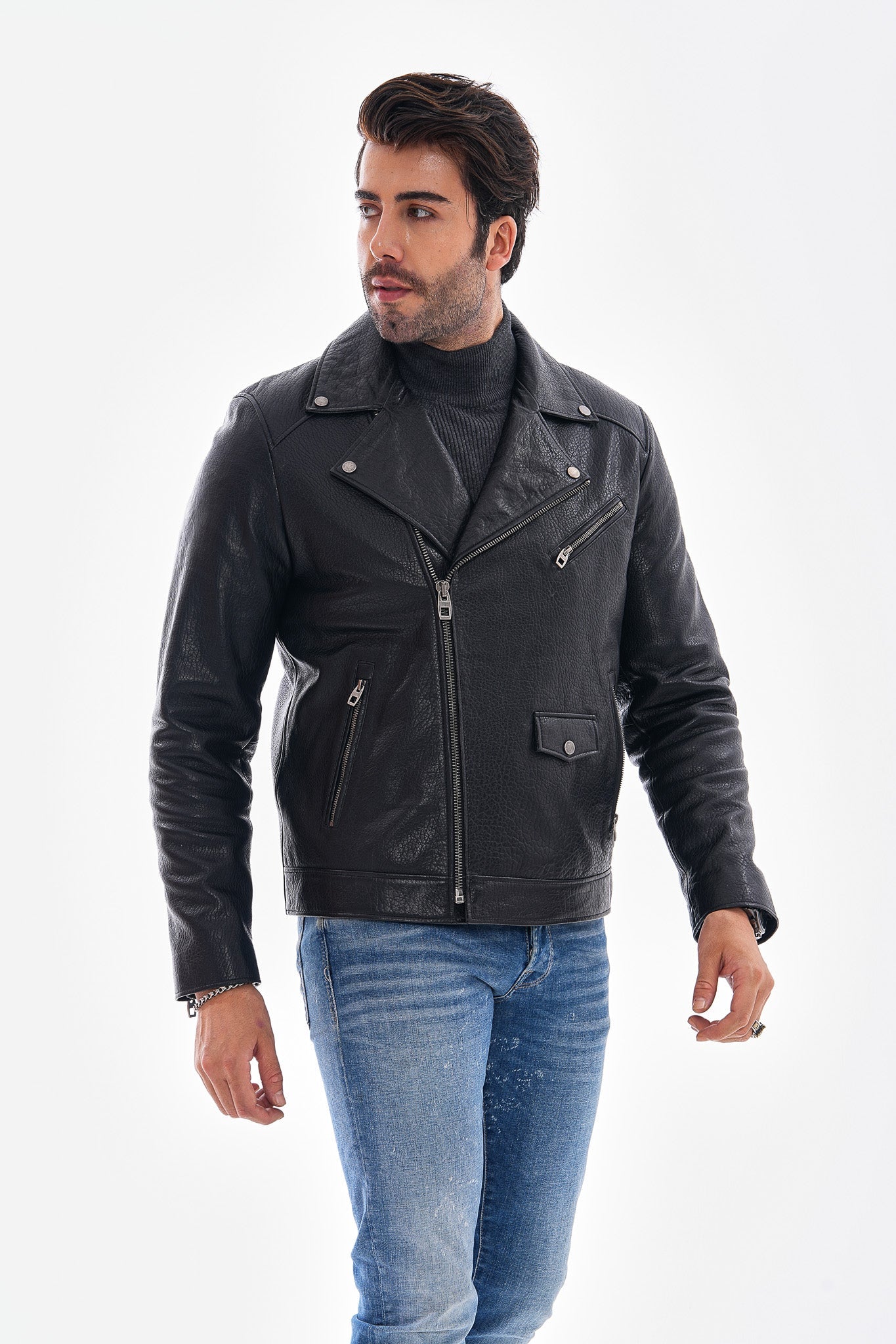 The Volt Textured Black Leather Jacket - Vinci Leather
