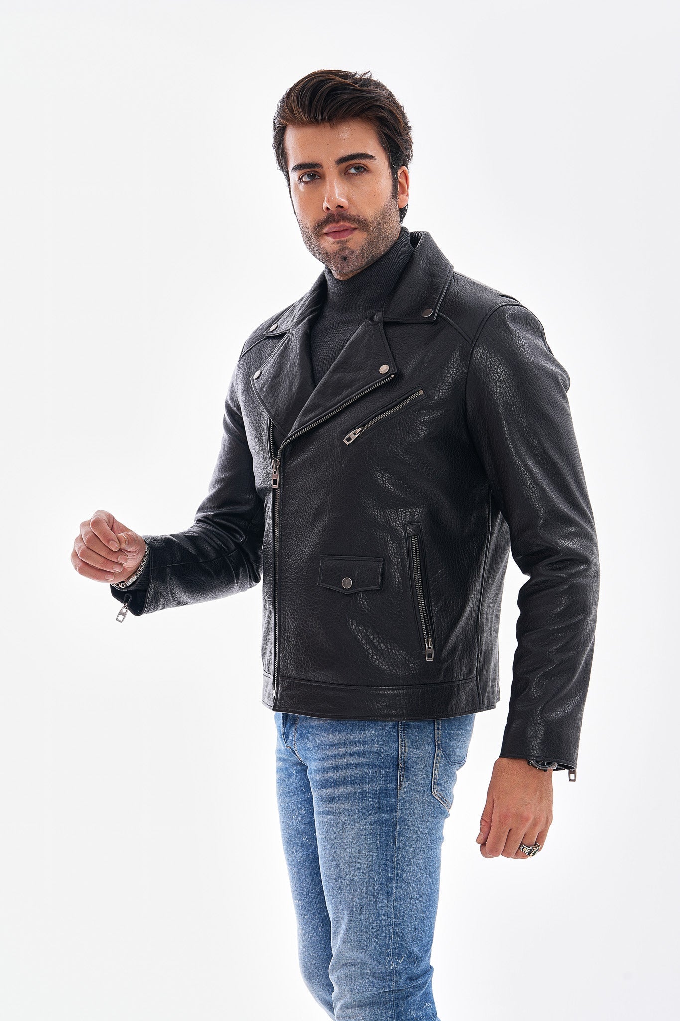 The Volt Textured Black Leather Jacket - Vinci Leather