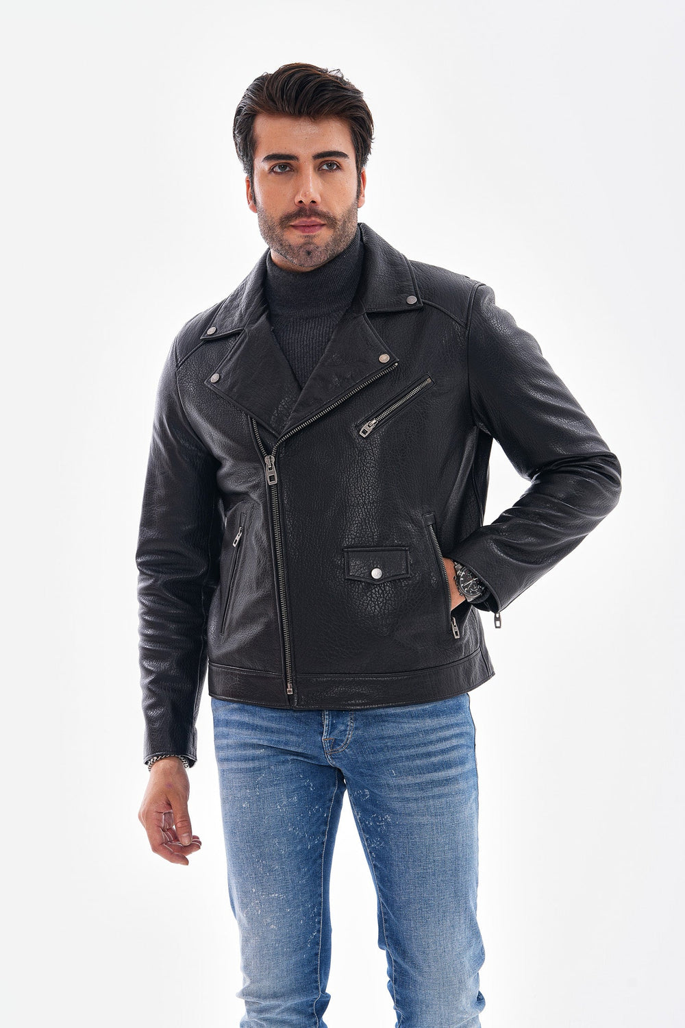 The Volt Textured Black Leather Jacket - Vinci Leather