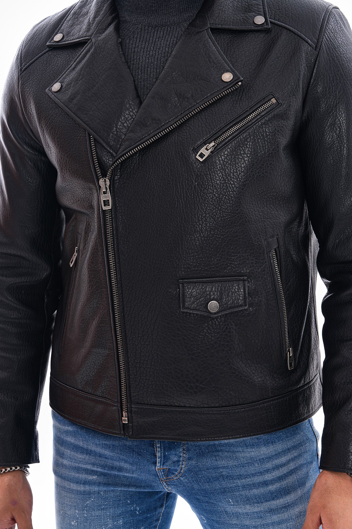 The Volt Textured Black Leather Jacket - Vinci Leather