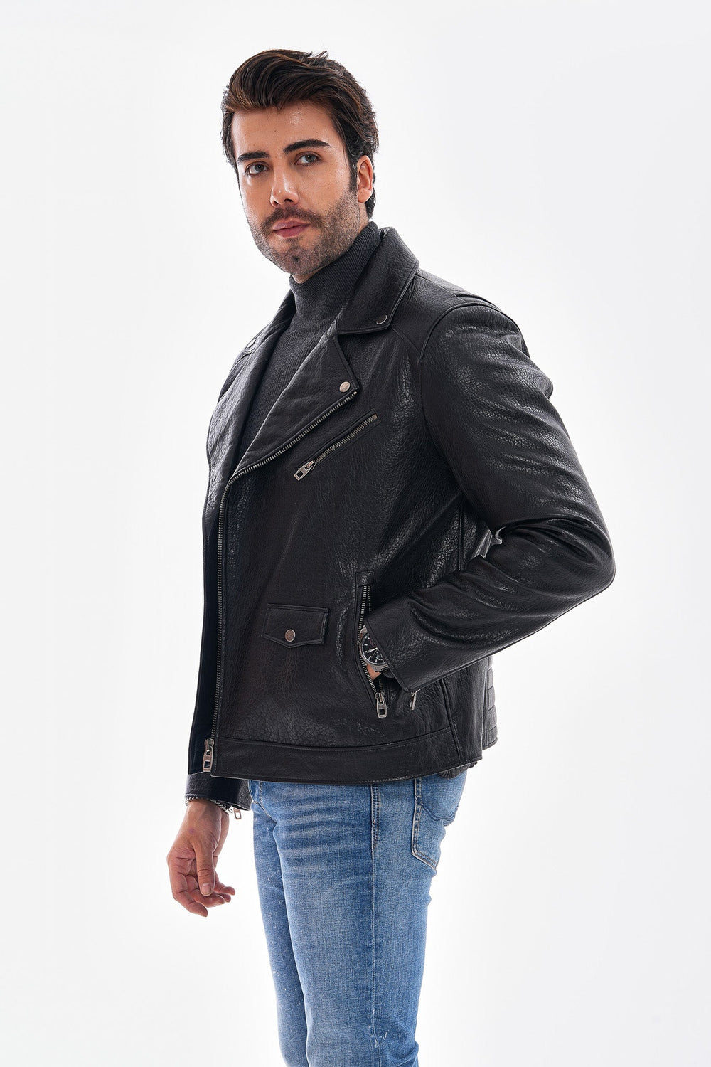 The Volt Textured Black Leather Jacket - Vinci Leather