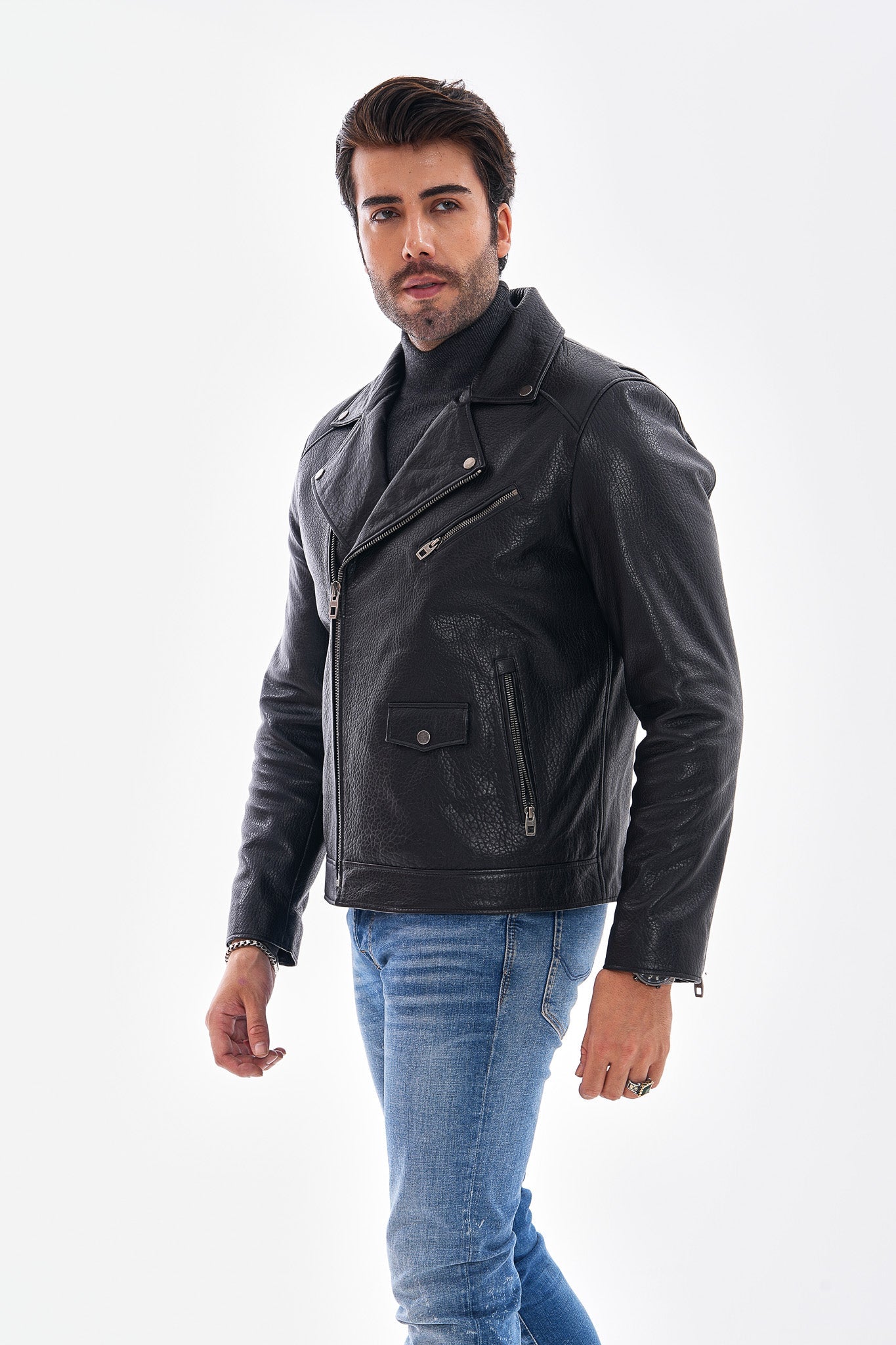 The Volt Textured Black Leather Jacket - Vinci Leather